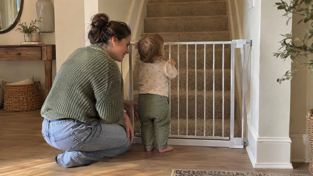 Toddler holding a baby gate fitted at the bottom of the stairs, with a parent kneeling beside