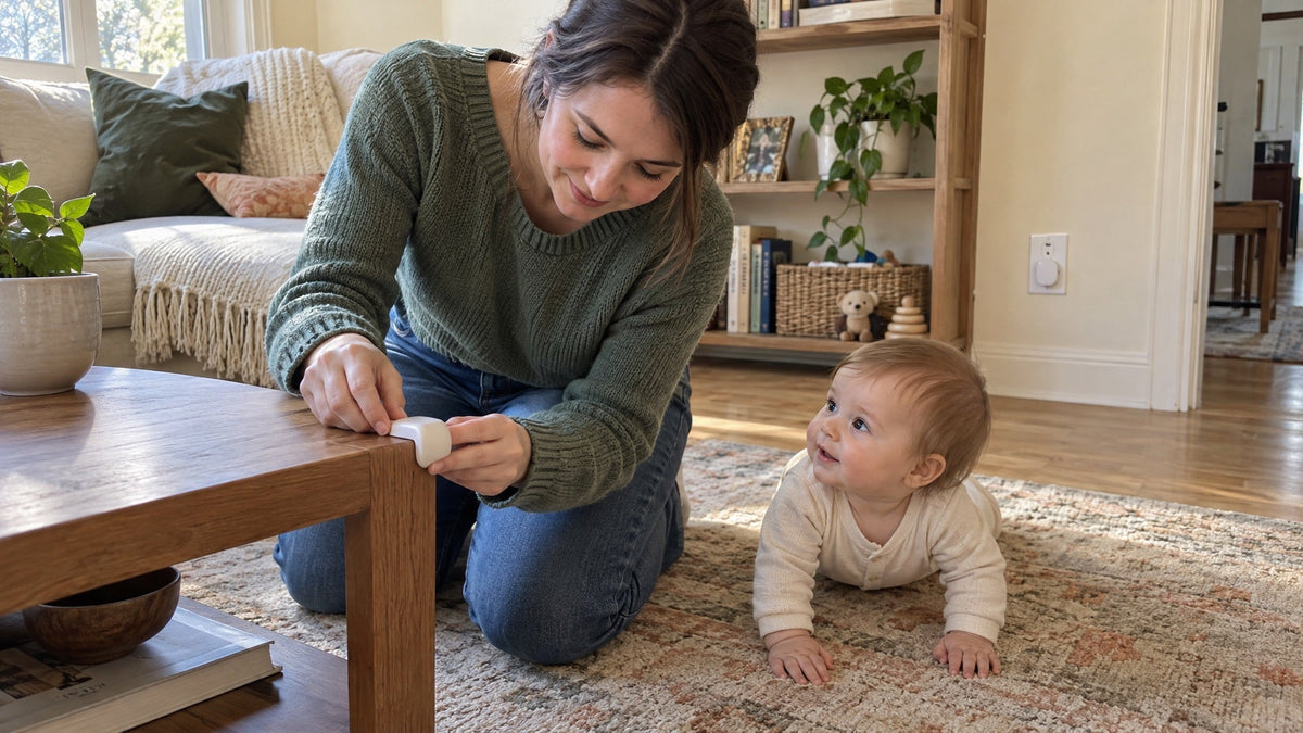 Parent pressing a soft corner guard onto a coffee table while a baby crawls on the rug nearby