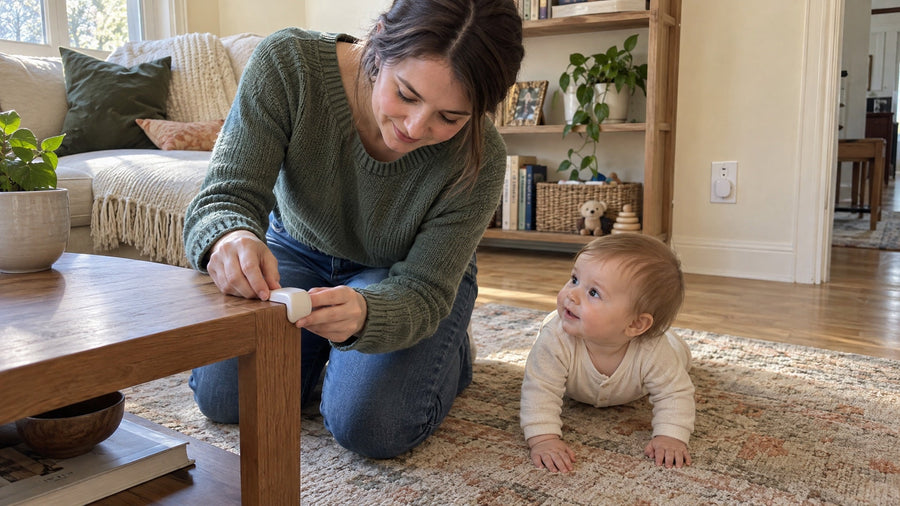 Parent pressing a soft corner guard onto a coffee table while a baby crawls on the rug nearby