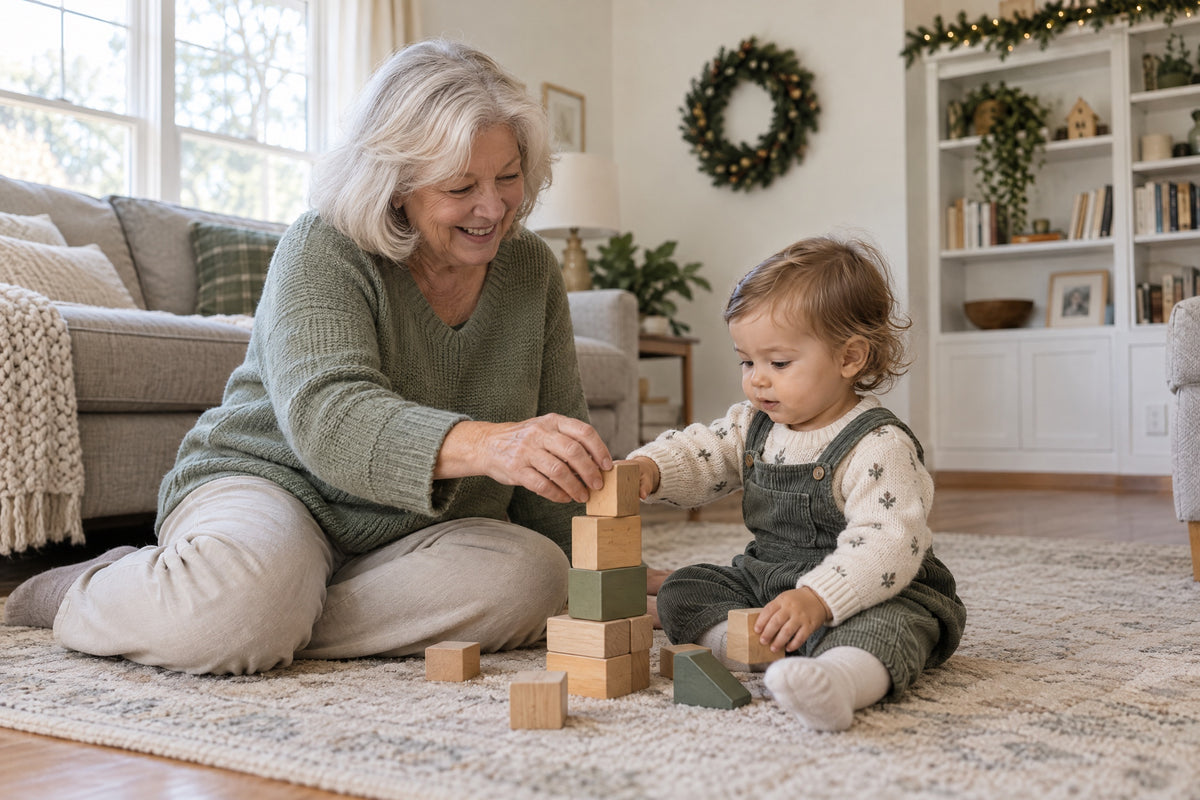 Grandmother and toddler stacking wooden blocks on a rug in a tidy living room decorated for the holidays