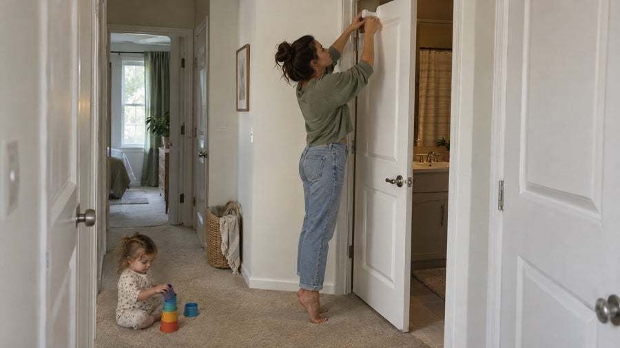 Parent sliding a door top lock onto a bathroom door by hand in a rental apartment hallway while a toddler plays