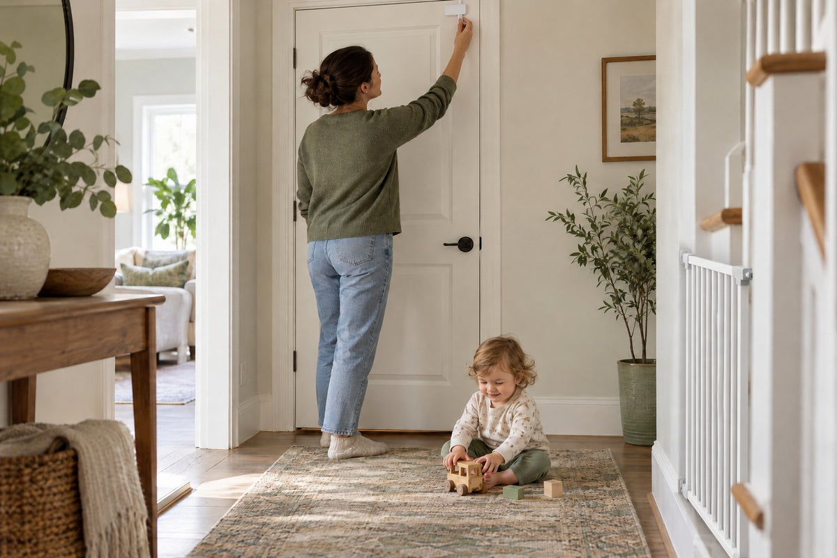 Parent reaching up to a door top lock on a closed hallway door while a toddler plays on the rug, with a gate at the bottom of the stairs