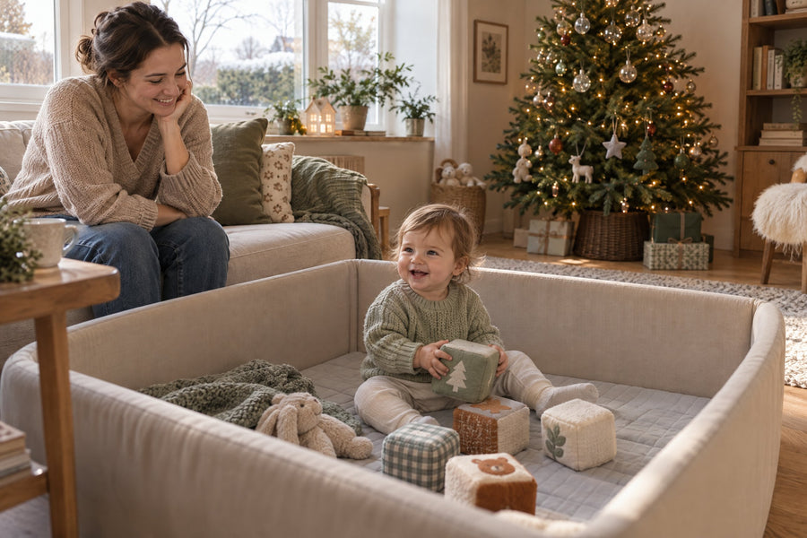 Smiling toddler playing with soft blocks in a fabric playpen next to a parent on the sofa, with a decorated Christmas tree in the corner