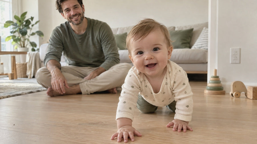 Smiling baby crawling across a wooden floor while a parent watches from behind